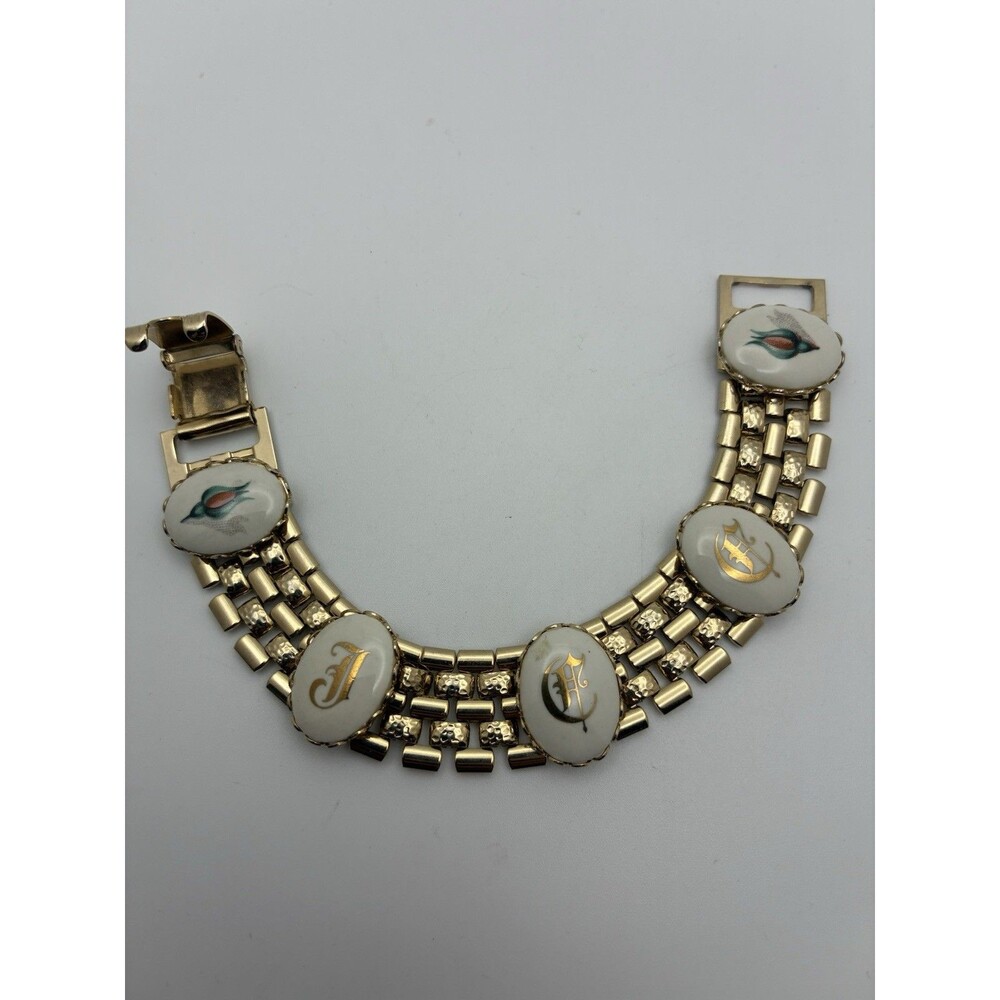 Vintage Gold Tone Porcelain Monogram Bracelet Victorian Revival Multi Strand